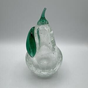 Large Murano Glass Pear Clear Green 6” Tall Vintage Crackle Glass